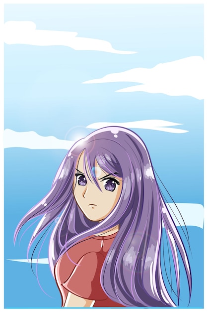 Beautiful and cute girl purple long hair cartoon illustration