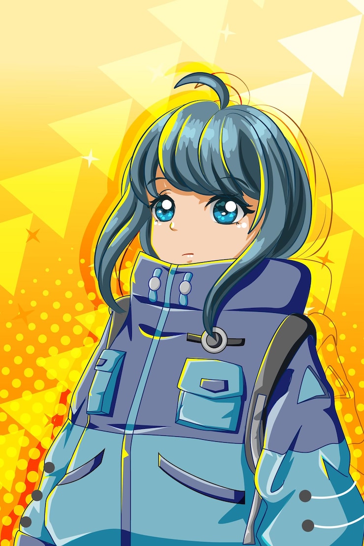 Vector 大きなジャケットのキャラクターの漫画イラストで美しくてかわいい女の子