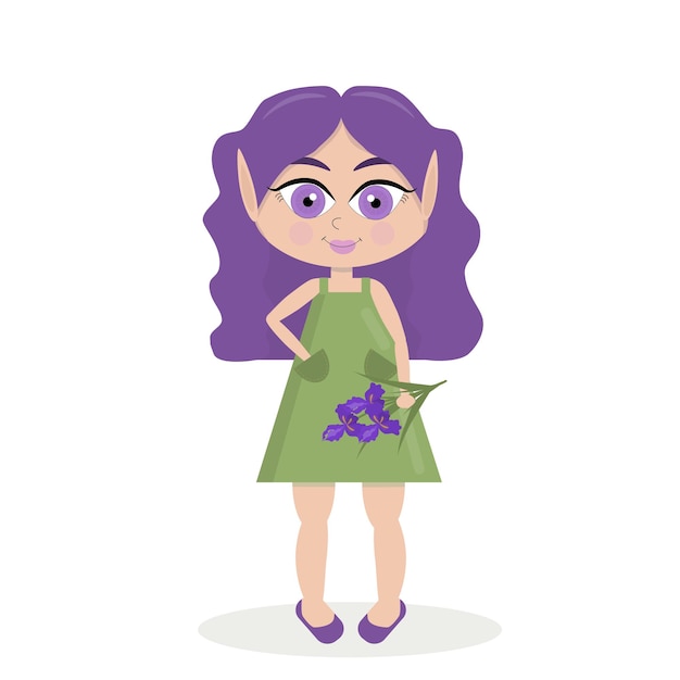 Beautiful cute little elf girl with purple hair with flowers on a white background. cartoon vector illustration.