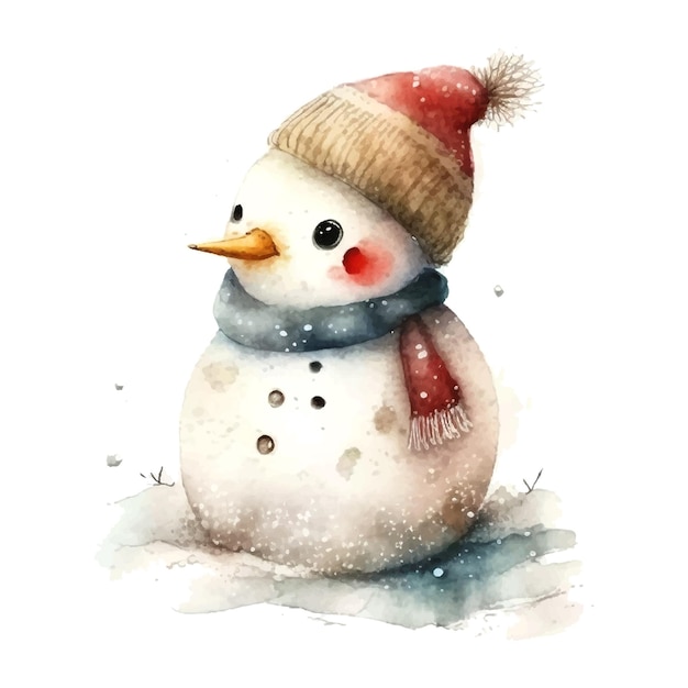 美しいかわいい小さな雪だるま水彩画のあらゆる目的のための素晴らしいデザイン漫画の人々 のベクトル図新年あけましておめでとうございますベクトル水彩アートの背景