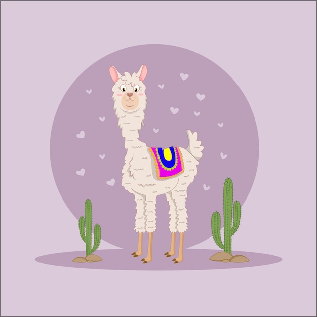 Bellissimo lama carino con il retro del tappeto e cactus