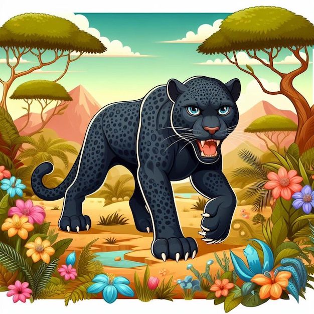 Vettore bellissima illustrazione di cartoni animati cute panther vector