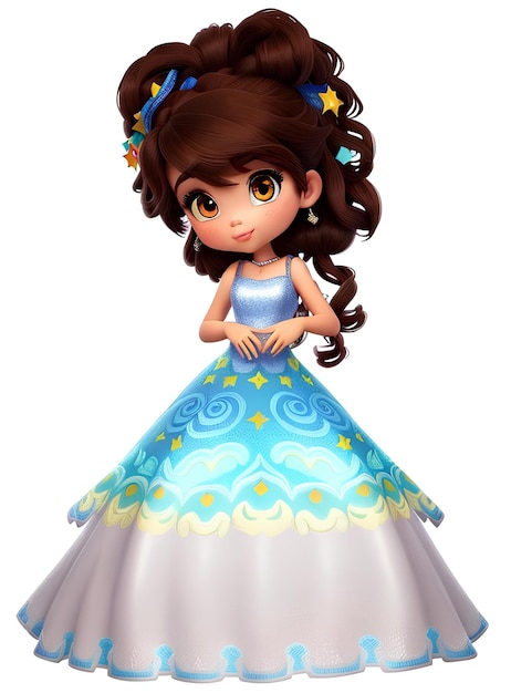 Una bella principessa carina che indossa un vestito blu bianco e occhi marroni.
