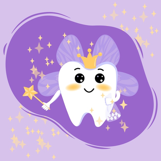 A beautiful cute tooth fairy in a crown and with a magic wand flies. Vector illustration.