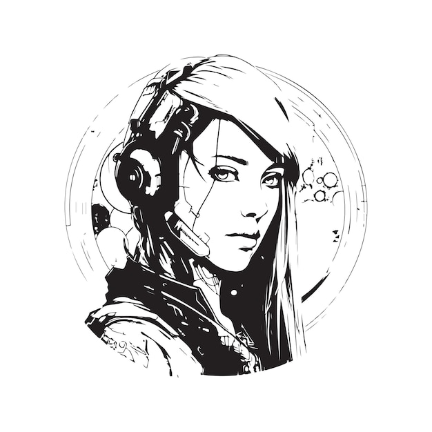 Vector beautiful cyberpunk girl vintage logo line art concept black and white color hand drawn illustration