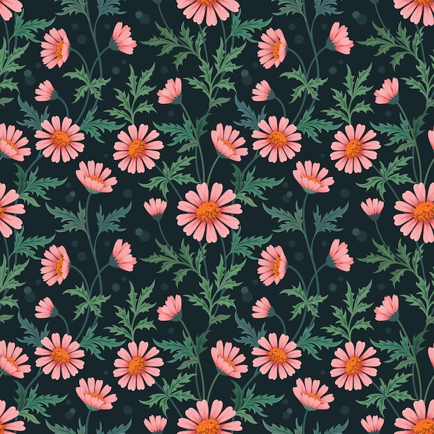 Beautiful daisies flowers with green leaf on dark color seamless pattern Can be use for fabric textile wallpaper