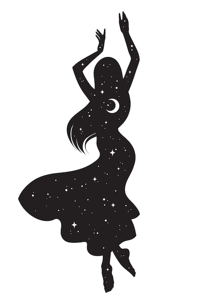 Vector beautiful dancing gypsy silhouette with crescent moon and stars in profile isolated boho chic tattoo sticker or print design vector illustration