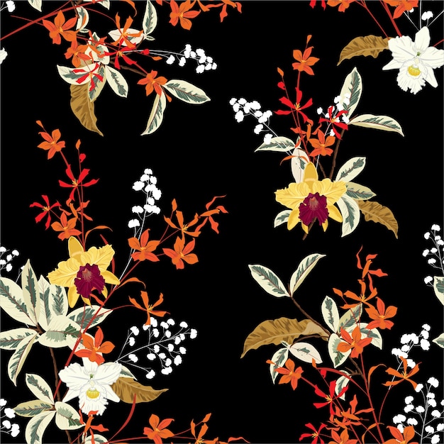 Beautiful dark blooming gentle garden orchid flowers and many kind of floral seamless pattern