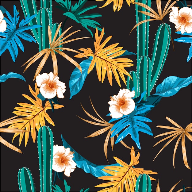 선인장, 히 비 스커 스 꽃과 이국적인 정글 아름 다운 어두운 열 대 나뭇잎 원활한 패턴