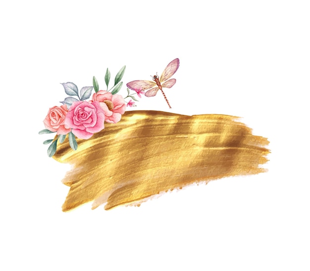 Beautiful decoration of golden brush stroke with floral elements and dragonfly