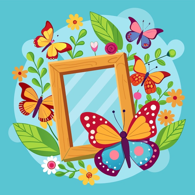 Vector beautiful decorative colorful hand draw butterfly tropical leaf flower love frame