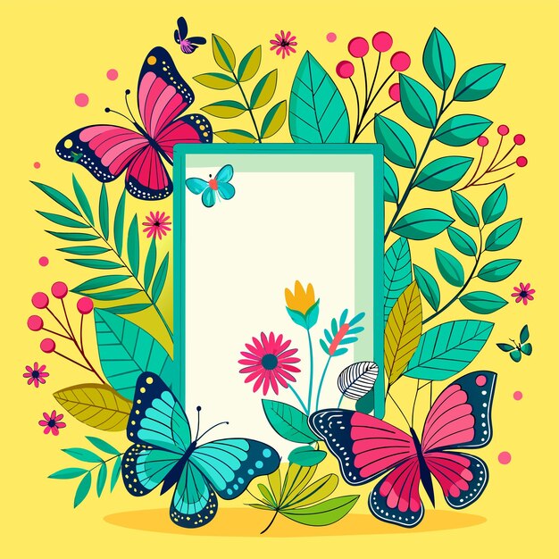 Vector beautiful decorative colorful hand draw butterfly tropical leaf flower love frame