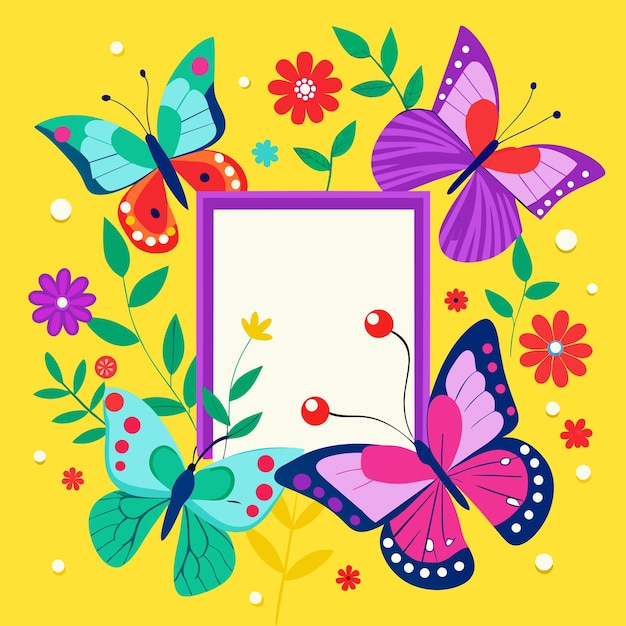 Vector beautiful decorative colorful hand draw butterfly tropical leaf flower love frame