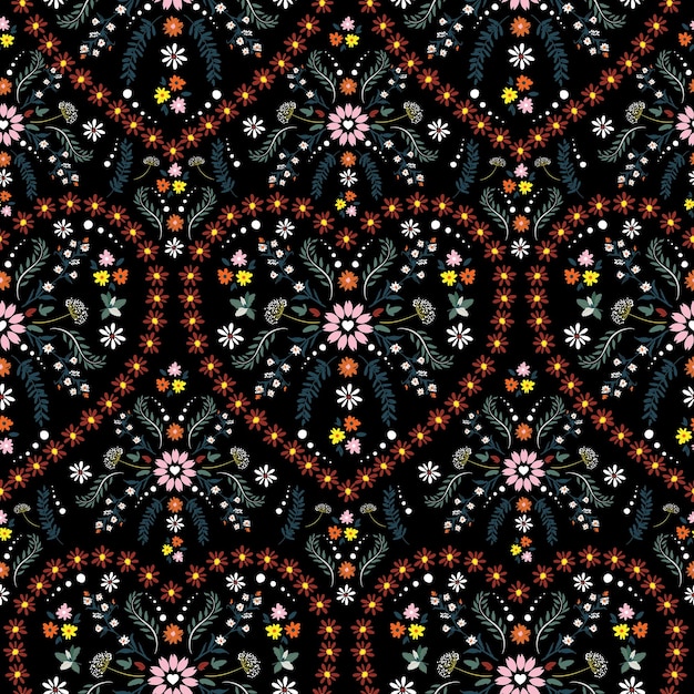 Beautiful delicate small flower with heart shape of florals, fantasy seamless pattern vector design,Design for fashion , fabric, textile, wallpaper, cover, web , wrapping and all prints on black