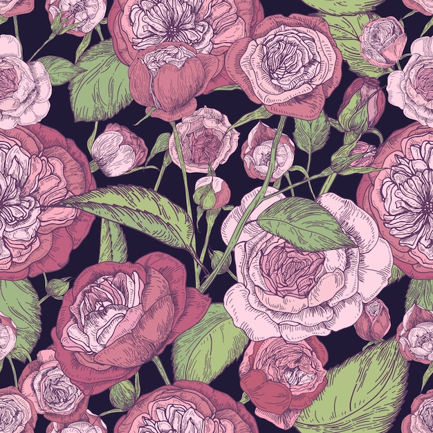 Beautiful detailed pion-shaped rose seamless pattern. Hand drawn blossom flowers and leaves. Colorful vintage  illustration.