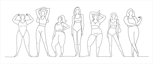 Vector beautiful different girls in line style the silhouette of the body of positive women feminism and