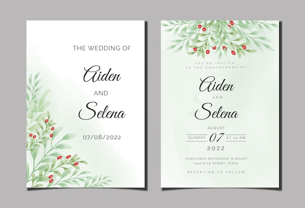 美しいデジタル手描きの新年の水彩画プレミアム花と葉の結婚式の招待カード