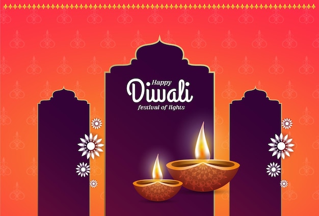 Beautiful diwali diya banner with happy diwali text