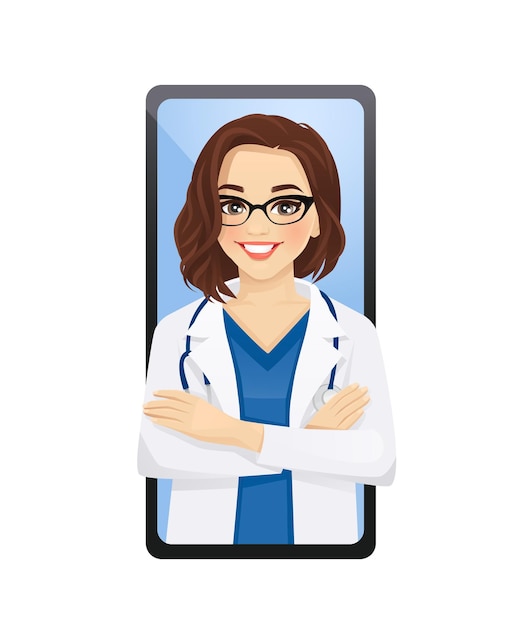 Beautiful doctor or nurse in the blank phone screen isolated vector illustration