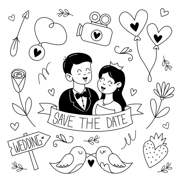 Vector beautiful of doodle for wedding element collection hand drawn