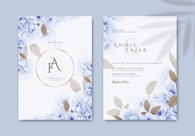 青い花の水彩画プレミアムベクトルを持つ美しい両面結婚式招待状テンプレート