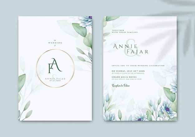 beautiful double sided wedding invitation template with flower watercolor premium vector
