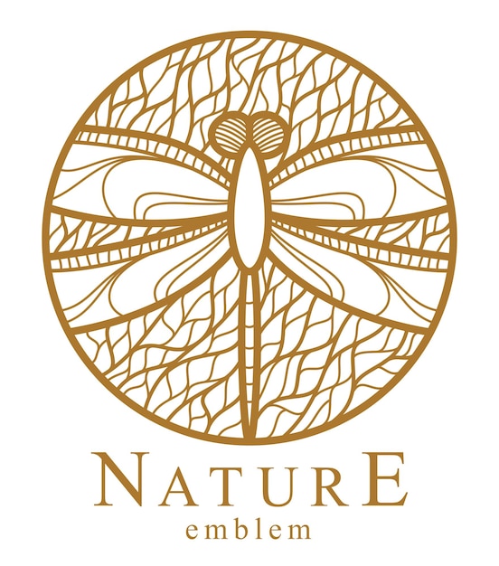 Beautiful dragonfly among leaves round floral vintage linear logo design template for perfume or fashion or salon logo isolated on white, elegant linear graphic design of nature beauty.