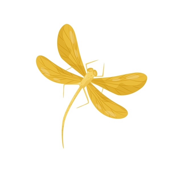밝은 노란색 날개와 긴 몸을 가진 아름다운 드래곤플라이 작은 빠른 날아다니는 생물 포식 곤충 책 또는 티셔츠 인쇄용 그래픽 요소 색 배경에 고립된 평평한 터 디자인