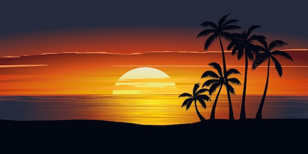 Bellissimo tramonto drammatico sulla spiaggia con le palme in silhouette