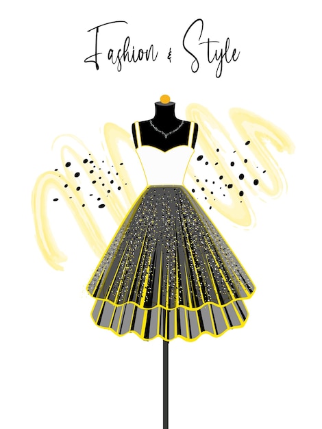 A Beautiful dress with golden decoration on mannequin fashion illustration