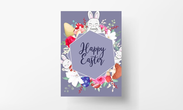 ベクトル かわいいウサギのキノコと美しい花と美しいイースターカード