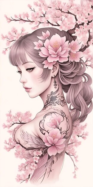 Beautiful eastern sakura branch and woman