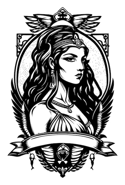 beautiful egyptian cleopatra symbol black and white hand drawn logo illustration