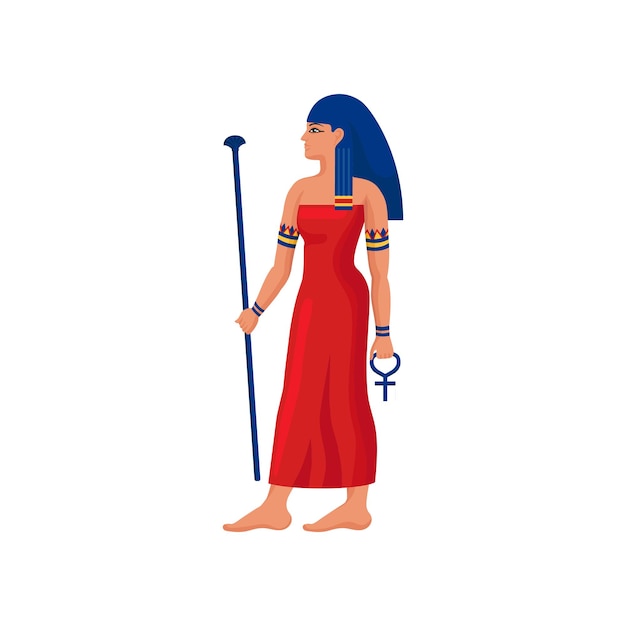 Beautiful Egyptian woman with scepter and Ankh cross Cartoon female character with blue hair in bright red dress Flat vector design