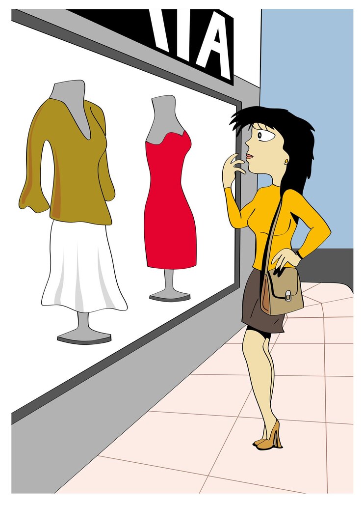 Vector beautiful and elegant black hair woman looking at a shop window woman shopping in the street