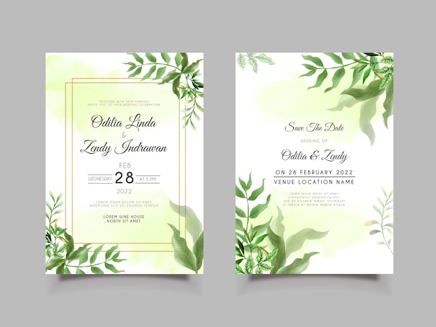 Beautiful and elegant greenery leaves wedding invitation template