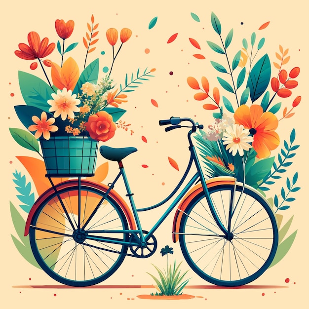 Bellissimo design minimale di bicicletta per donne con fiori pastello nel cesto anteriore