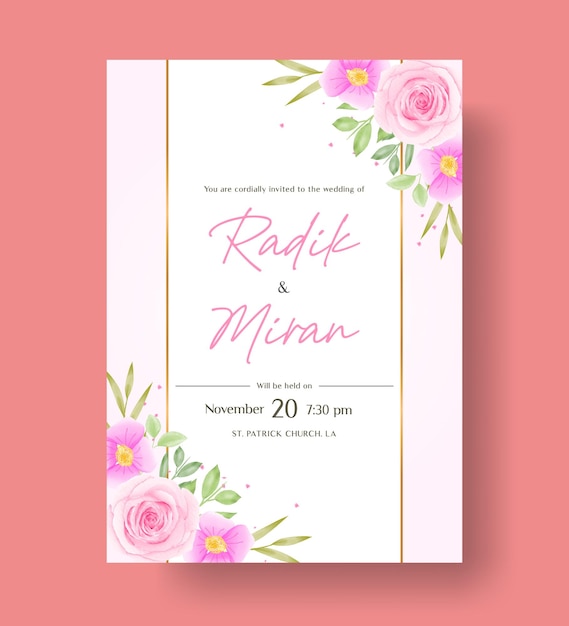 Beautiful and elegant watercolor wedding invitation card design with pink roses and green leaves