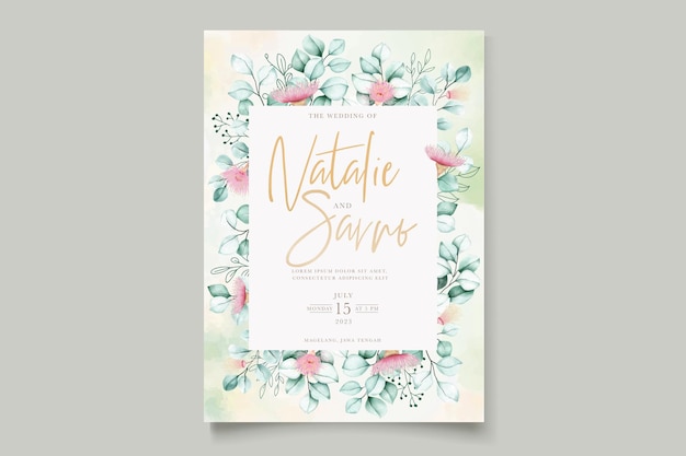 Beautiful eucalyptus flower and leaves wedding invitation card set