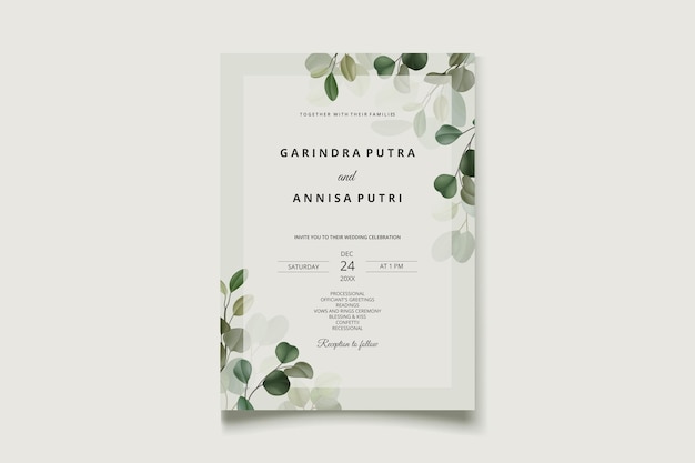 벡터 아름다운 유칼립투스 잎 결혼식 초대 카드 템플릿 프리미엄 벡터