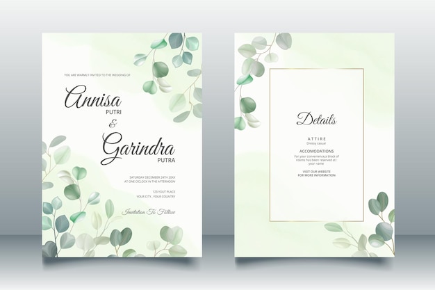 Bellissimo modello di carta di invito a nozze con foglie di eucalipto vettore premium