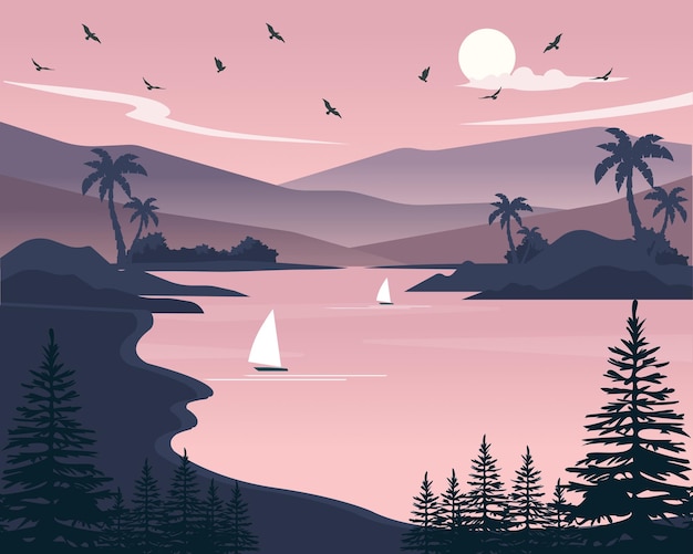 Vector beautiful evening scene of nature with moon over mountain in the evening, lanscape.