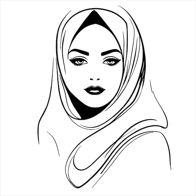 Beautiful face of an Arab girl in a hijab Line art Vector illustration