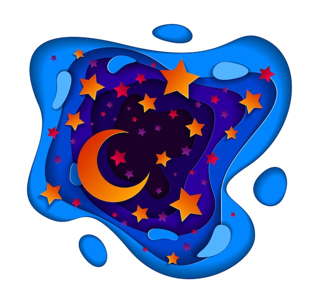 Beautiful fairy night with deep blue and violet curve line abstract shapes and crescent moon with shiny stars, vector modern style paper cut 3d illustration.