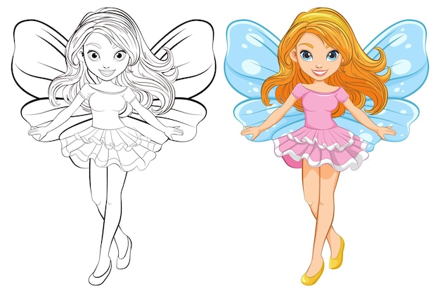 Vector beautiful fairy with wings cartoon character and outline