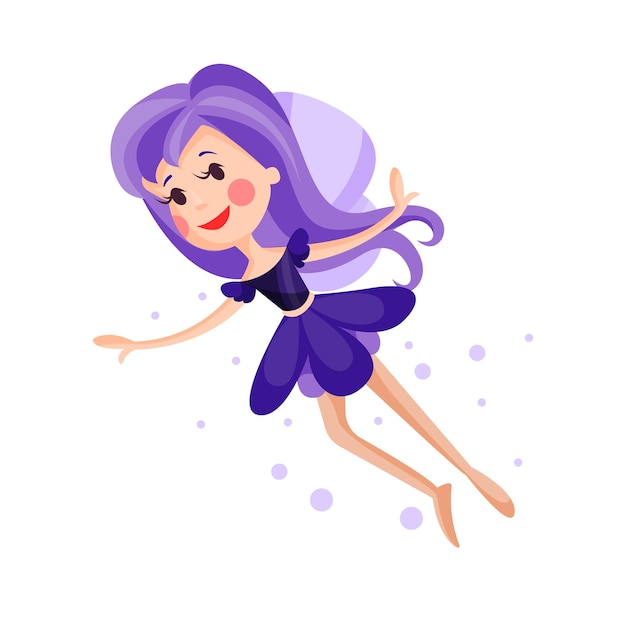 Beautiful fairy with wings, long hair and dress in amethyst colors flying surrounded by sparks vector Illustration on a white background