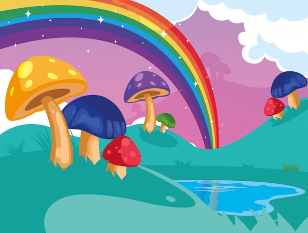 Bellissimo paesaggio da favola con funghi e arcobaleno