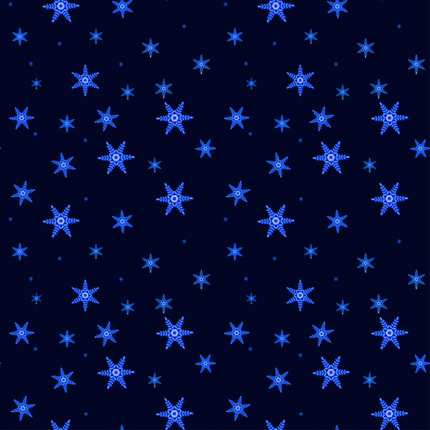 Beautiful falling  glowing snowflakes on dark blue night sky seamless pattern.