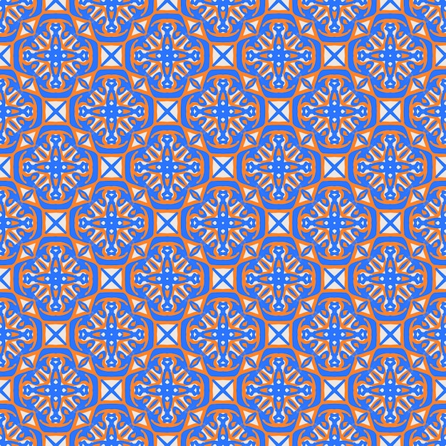 美しい幻想的な青とオレンジ色の抽象的な花曼荼羅のシームレスなパターン背景