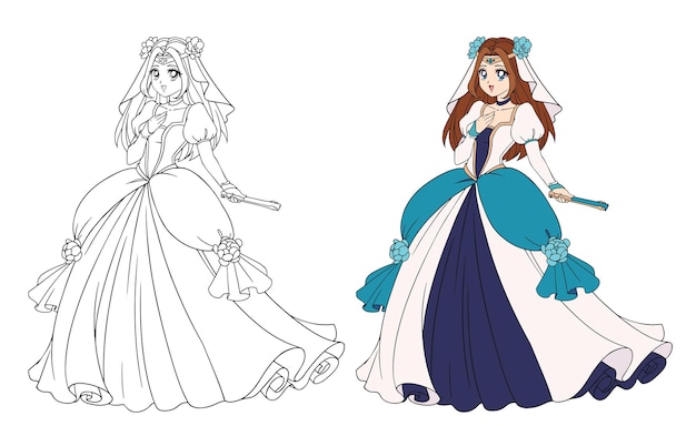 Beautiful fantasy anime princess wearing tiara and gown dress hand drawn contour inllustration for colouring book children games prints cards tattoo